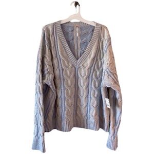 Free People Blue Cable Knit V-Neck Sweater L Coastal Cozy. NWT